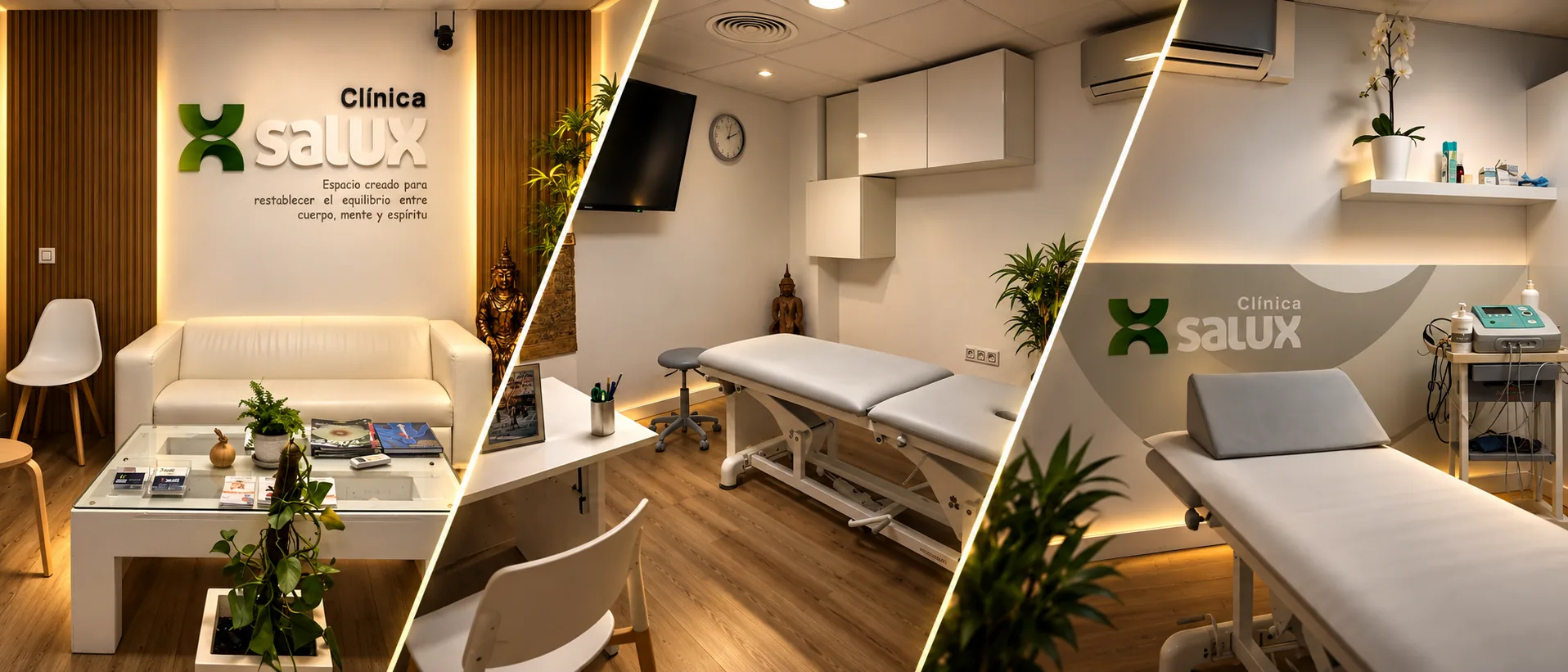 Interior de Clínica Salux en Huelva: sala de espera, consulta y cabina de tratamiento
